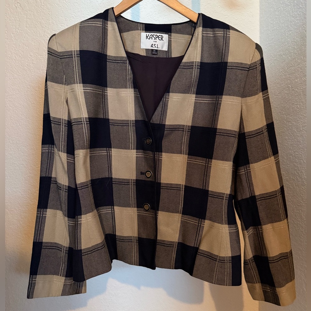 Vintage Kasper for A.S.L Women’s Dark Blue Cream Plaid Blazer Rayon - Size 14